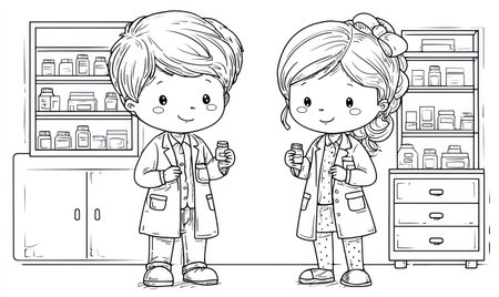 Two cartoon pharmacists stand in front of pharmacy shelves, holding medicine bottles. The illustration utilizes a line art style. The scene is likely set indoors, depicting a medical or healthcare environment. This image could be used for various commercial projects related to medicine, health, or children's education.の素材