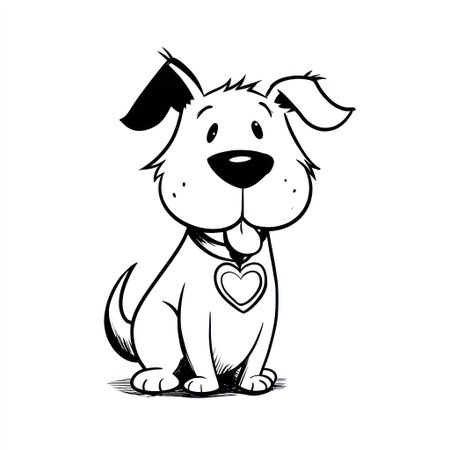 This black and white illustration depicts a cheerful cartoon dog with expressive eyes and a heart-shaped tag. The artwork features clean lines and a simple style against a plain background. The lighting is even, highlighting the character's friendly demeanor. Suitable for various applications, this image could be utilized for design or editorial content.の素材