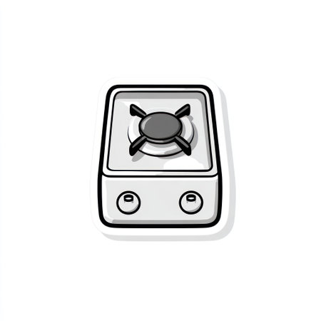 A cartoon style illustration presents a simple gas stove. The appliance features a black burner and control knobs set against a white body. The design has a black outline, and is positioned on a white backdrop. It could be used for various projects including culinary, education and design.の素材