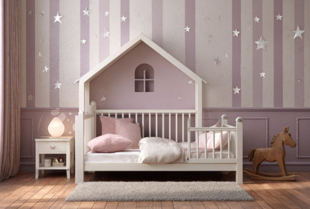 This interior showcases a child's bedroom with a house-shaped bed frame, pillows, and a rocking horse. The room features striped wallpaper in soft hues and star decorations. The composition is well-lit, suggesting a warm and inviting atmosphere suitable for various lifestyle or decorative projects.の素材