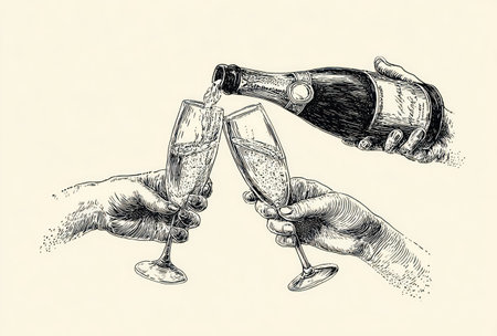 An illustration depicts a bottle of sparkling wine being poured into two champagne flutes held by hands. The image is rendered in grayscale with detailed line work, suggesting a classic, vintage style. It showcases a moment of celebration, potentially suitable for editorial content or commercial applications.の素材