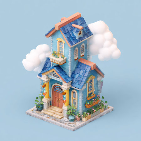 This image depicts a charming cartoon house with a blue facade, accented by orange trim and a detailed architectural design. Two fluffy white clouds adorn the scene, set against a soft, light blue background. The illustration has a clean, digital style, suitable for various design applications and commercial purposes.の素材