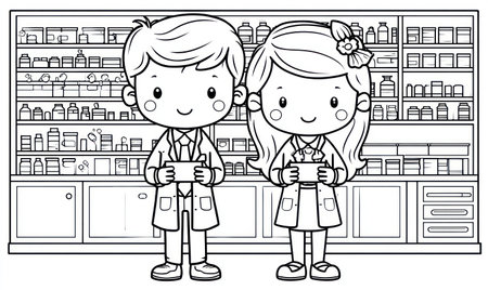 Two cartoon figures, dressed as pharmacists, stand before a display of medications and bottles. The illustration utilizes clean lines and monochrome tones. The scene is likely set in a pharmacy environment. Suitable for educational materials, health-related content, or graphic design projects.の素材