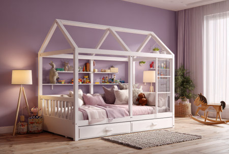 A well-lit interior showcases a house-shaped bed as the centerpiece, complemented by shelves and drawers. The design features soft textures, and pastel colors, with the bed frame and other elements creating a warm and inviting atmosphere. The scene suggests a cozy bedroom suitable for various commercial or lifestyle applications.の素材