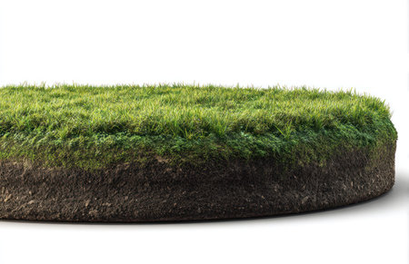 An isolated circular section of green grass sits against a clean white backdrop. The detailed texture of the grass contrasts with the dark soil underneath. The lighting highlights the fresh, vibrant colors, suggesting an outdoor environment. Suitable for various design and advertising needs.の素材