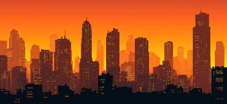 This illustration depicts a cityscape silhouetted against a vibrant orange sky, possibly at sunset or sunrise. The image features a stylized representation of buildings and a strong contrast between the dark forms and the bright background. The artwork may be suitable for various commercial or editorial applications.の素材
