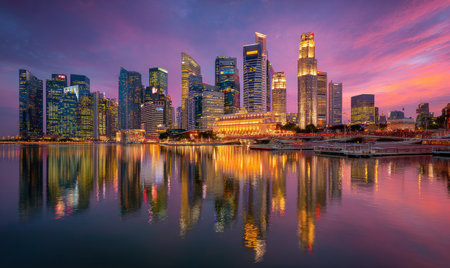 A stunning cityscape showcases towering skyscrapers silhouetted against a vibrant sunset sky. The buildings' lights and architecture are mirrored on the still water surface. The composition uses a wide angle with dramatic lighting creating a sense of wonder. Suitable for commercial projects or editorial use focusing on urban development.の素材