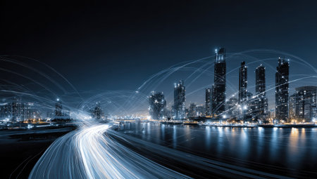 A nighttime cityscape featuring illuminated skyscrapers and flowing light trails. The scene showcases a dark blue sky, water reflections, and streaks of light. The composition highlights technology, urban life, and motion, suitable for various commercial projects and editorial content.の素材