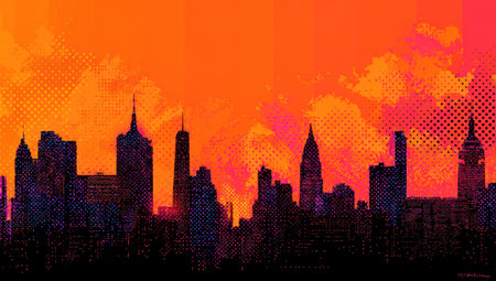 A silhouette of a city skyline is depicted against a vibrant, fiery sky. The illustration showcases a bold color palette dominated by shades of orange and red, suggesting a dramatic atmosphere. This creative imagery might be suitable for various commercial or editorial applications such as design, and print media.の素材