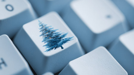 A close-up captures a keyboard key featuring a blue illustration of a Christmas tree. The key, surrounded by others, suggests a digital or technological theme. The soft focus and cool color palette provide a modern aesthetic, suitable for use in promotional materials or illustrating concepts of innovation.の素材