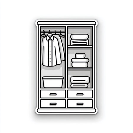This illustration showcases a neatly organized closet, featuring folded garments, hanging clothes, and drawers. The design employs a black and white color scheme with a clean, vector style. It might be useful for depicting organization, storage, or interior design, potentially suitable for various commercial or editorial applications.の素材
