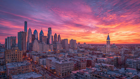A city skyline is presented under a dramatic sunset. The composition displays a variety of buildings, silhouetted by the vibrant colors of the sky, featuring shades of orange and purple. This image evokes a sense of urban beauty and is suitable for various commercial or editorial applications.の素材