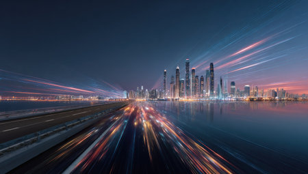 This image depicts a modern city skyline at night, with motion blur streaks emanating from a road in the foreground. The composition features a long exposure effect, creating light trails across the scene. The color palette incorporates shades of blue, orange, and white. This image could be suitable for various commercial or editorial uses.の素材