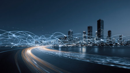 A nighttime cityscape is depicted, illuminated by glowing network lines that flow across the image. The scene features a dark blue sky with a distant urban skyline. The overall composition suggests a sense of technology, connection, and progress. Suitable for various editorial and commercial applications related to technology and infrastructure.の素材