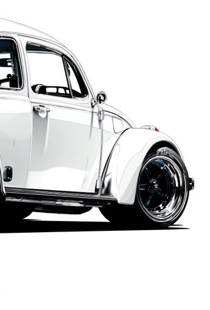 A side view of a white vintage car is depicted against a clean white background. The illustration highlights the vehicle's glossy body, distinct curves, and chrome details. The artwork adopts a modern design, potentially suitable for advertising, editorials, or design projects. The lighting is bright and even, casting minimal shadows.の素材