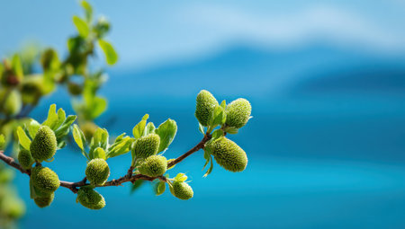 A close-up captures a branch adorned with fresh green buds, signaling the arrival of spring. The shallow depth of field creates a soft focus on the blue background, which enhances the vibrancy of the foliage. This image evokes feelings of freshness and renewal, suitable for various editorial and commercial applications.の素材