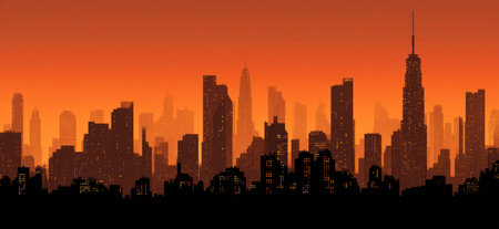 This graphic depicts a city skyline silhouetted against an orange gradient sky. Buildings vary in height and shape, their dark forms contrasting with the warm background. The style suggests a digitally created image, possibly suitable for websites, presentations, or various design applications, offering flexible use cases.の素材