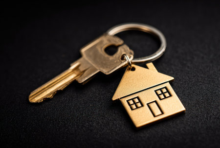 A close-up shot showcases a golden key accompanied by a house-shaped key chain, set against a dark, textured backdrop. The composition highlights the shiny metallic surfaces with focused lighting. This image could be suitable for various commercial purposes, particularly within real estate and financial contexts.の素材