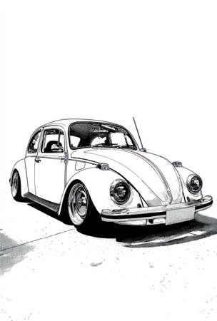 A detailed black and white illustration portrays a vintage automobile, emphasizing its distinctive curves and design elements. The image uses contrasting shades to highlight the vehicle's form, suggesting a studio setting with clean lines. It could be useful for automotive design projects, commercial advertising, or editorial publications.の素材