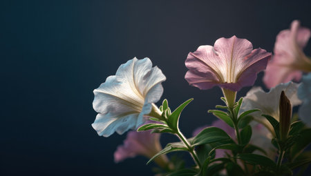 This image showcases delicate flowers in soft shades of pink and white, set against a dark, contrasting background. The composition highlights the textures of the petals and the details of the green stems and leaves. It captures natural lighting creating a serene visual, useful for various design and decorative projects.の素材