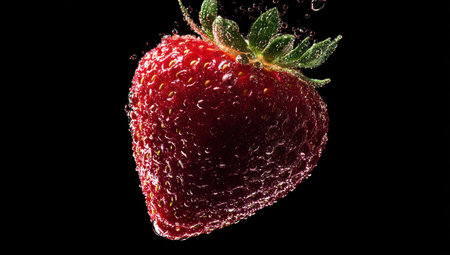 A single, vibrant red strawberry is the main focus, showcasing its textured surface and water droplets. The image features a contrasting black backdrop, highlighting the fruit's color and form. The style appears clean and modern, potentially suitable for various commercial or editorial uses. The scene seems to be set in a studio environment.の素材