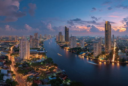An elevated cityscape showcases a river flowing through a dense urban environment at twilight. The composition presents tall, illuminated buildings set against a colorful sky. The photograph's lighting creates a sense of depth and vibrancy, suitable for various commercial applications.の素材