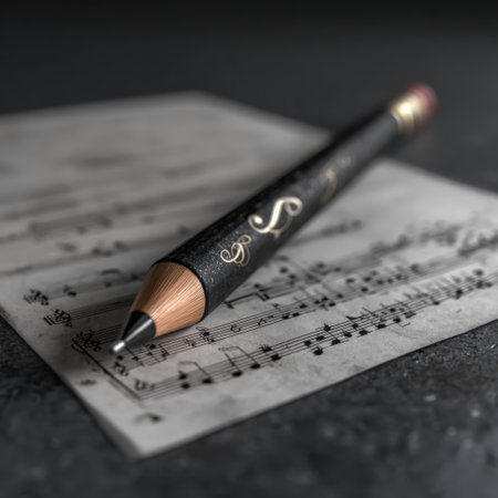 A close-up shot presents a pencil resting on a sheet of music, featuring detailed musical notes. The image uses muted tones, with a focus on texture and light. This composition may be suitable for illustrating creative writing, musical composition, or educational content. The image provides ample copy space.の素材