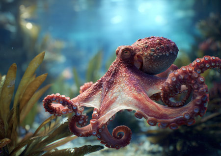 An octopus, with its textured skin, is featured in an underwater shot. The image shows the octopus's body, tentacles, and parts of its surroundings. The lighting gives a vibrant touch to the scene, highlighting the different shades. This image could be used for educational, editorial, or commercial purposes.の素材