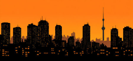 The image features a silhouette of a city skyline dominated by tall buildings and a prominent tower, set against a gradient orange background. The composition uses dark silhouettes to outline the structures. This image could be used in design or editorial projects to represent urban environments, business, or the concepts of progress.の素材