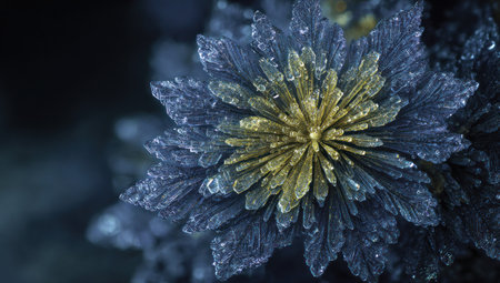 This image showcases a detailed view of a unique, multi-layered floral formation, primarily featuring blue and gold hues. Its intricate structure and textured surface create a captivating visual experience, possibly captured under specific lighting. Suitable for artistic projects, design elements, and various commercial applications.の素材