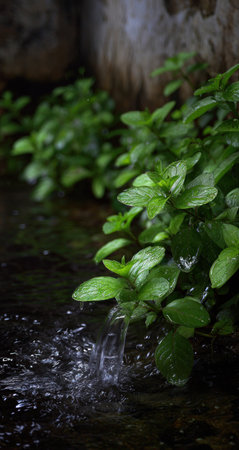 A close-up captures lush green plants alongside flowing water. The image displays a cool color palette with various shades of green contrasting against the dark water. The composition focuses on organic textures and natural light, creating a sense of tranquility. It is suitable for projects related to nature, environment, or wellness.の素材
