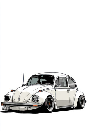 A detailed illustration presents a classic white automobile against a stark white background. The image showcases the vehicle's design, including wheels, windows, and headlights. The simple composition and neutral color palette offer a clean look, suitable for various design projects and commercial applications.の素材