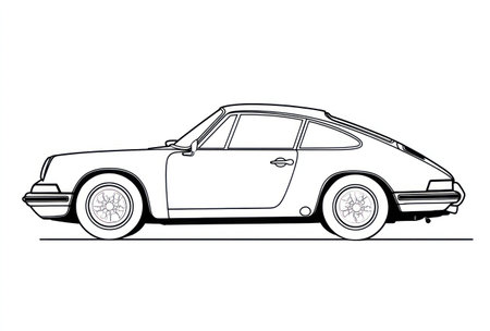 This illustration depicts a classic car in profile, rendered in black and white. The image showcases the vehicle's body and details against a plain white backdrop. The graphic style is clean and minimalistic, suitable for design and conceptual projects. It could be used in various commercial applications.の素材
