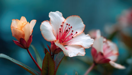 This image showcases a close-up view of delicate flower blossoms, revealing soft petals in shades of white, pink, and yellow. The composition features blurred backgrounds and shallow depth of field, emphasizing the intricate details and textures. The image may be suitable for botanical illustrations or commercial applications.の素材