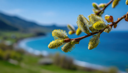 A close-up captures a flowering plant branch, highlighting its delicate details. The branch exhibits yellow buds and a textured surface. The blurred background suggests a coastal environment, with rolling hills and a body of water under a bright blue sky. This imagery can be useful for various applications including editorial, educational and commercial projects.の素材