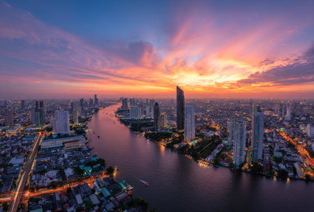 An aerial view presents a city along a river during sunset. Tall buildings rise against a vibrant sky showcasing orange and purple hues. The composition includes the water body, bridges, and city lights suggesting an urban environment, suitable for various editorial and commercial applications.の素材