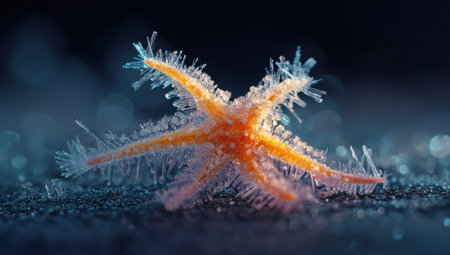 An overhead view reveals a starfish, its orange hue contrasting against a dark, textured surface. The creature is adorned with intricate, icy crystalline structures. The macro composition emphasizes texture and detail with a shallow depth of field, suggesting a cold environment. This image is suitable for various commercial or educational applications.の素材