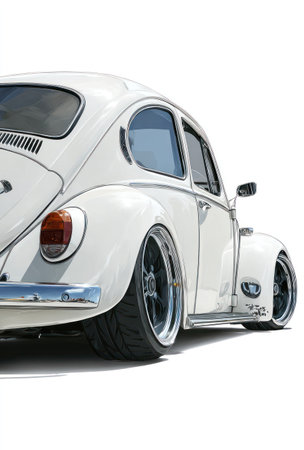 A close-up view presents a vintage white car with distinct chrome accents. The vehicle features custom black rims and tires. The scene is lit with bright, diffused light, suggesting a studio setting. This image could be used for various commercial projects related to automotive or design themes.の素材