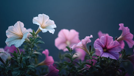 This image showcases a collection of petunia flowers in various shades of pink and white. The composition features a shallow depth of field, highlighting the delicate petals. The soft, natural lighting creates a dreamy atmosphere. This photograph could be used for decorative purposes, in print media, or for various commercial applications.の素材