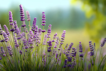 The image features close-up of blooming lavender flowers, the scene is illuminated by natural sunlight. The purple flowers contrast with the soft green and yellow bokeh background. This scene evokes a sense of tranquility. It is suitable for commercial uses such as illustrating articles on floral arrangements or nature themes.の素材