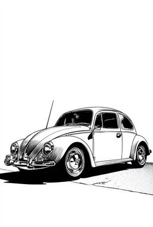 A detailed black and white illustration depicts a vintage car. The artwork features strong lines and shading, highlighting the vehicle's form against a bright background. This vector image could be suitable for various design projects, including advertisements, editorial content, and decorative applications.の素材