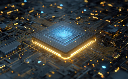 A close-up image showcases a CPU with an illuminated core, resting on a circuit board. The composition emphasizes technical details, with vibrant blue and yellow highlights. The overall style features a clean design, suitable for tech-related illustrations, and commercial applications that require digital artwork.の素材