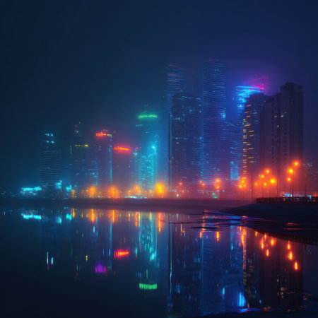A nighttime cityscape is highlighted by vibrant neon lights adorning the tall structures. The visual is characterized by cool tones and soft reflections in the water. The overall aesthetic suggests a futuristic environment, possibly suitable for promotional materials or editorial content with a modern theme.の素材