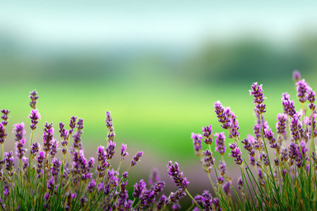 This image showcases a close-up of a lavender field with purple blooms in focus. The background is a soft, blurred expanse of green and light blue. The composition highlights the textures and colors of the plants, ideal for editorial or commercial applications relating to nature or wellness.の素材
