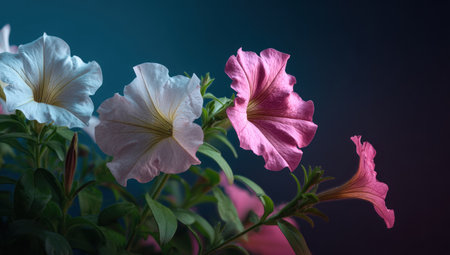 This close-up image showcases vibrant petunia flowers, featuring soft pink and pristine white petals. The flowers are set against a deep blue and purple gradient background, enhancing the contrast. This composition utilizes overhead lighting, highlighting the delicate textures. Suitable for illustrating floral arrangements or natural beauty.の素材