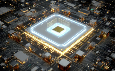 This image showcases a detailed view of a computer processor, featuring intricate circuitry and illuminated components. The composition highlights a central square element, surrounded by smaller structures, all connected by complex pathways. The lighting creates a bright, modern aesthetic, suitable for illustrating technological concepts or related themes.の素材