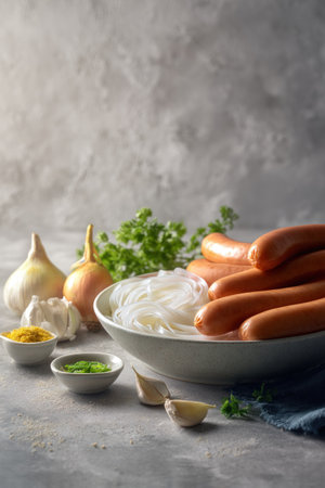 The image features a bowl of cooked sausages, noodles, and assorted vegetables. It displays a shallow depth of field, with soft lighting and a neutral background. The composition highlights textures and colors in a daylight setting. This would be applicable for culinary blogs or food-related commercial projects.の素材