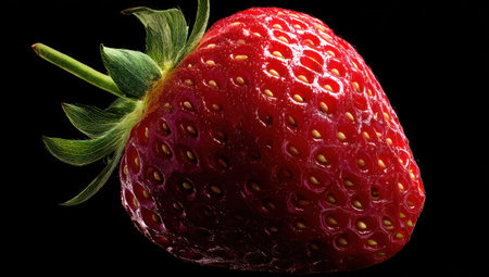 A single, vibrant red strawberry is presented against a stark black backdrop. The fruit's textured surface is detailed, capturing the light. Its green leafy stem contrasts with the rich red. This image could be suitable for food-related projects or visual content.の素材