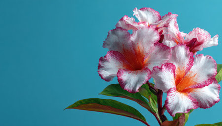 This image showcases a collection of delicate flowers, primarily white with pink edges and orange centers. The composition highlights the blossoms against a solid turquoise backdrop, emphasizing their textures and forms. Ideal for various commercial uses, the image presents a clean and eye-catching visual suitable for diverse applications.の素材