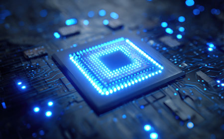 An overhead view reveals a glowing central processing unit on a circuit board. The image is dominated by cool blue tones and a blurred background. The composition suggests advanced technology and could be used for various technology-related commercial or editorial projects.の素材
